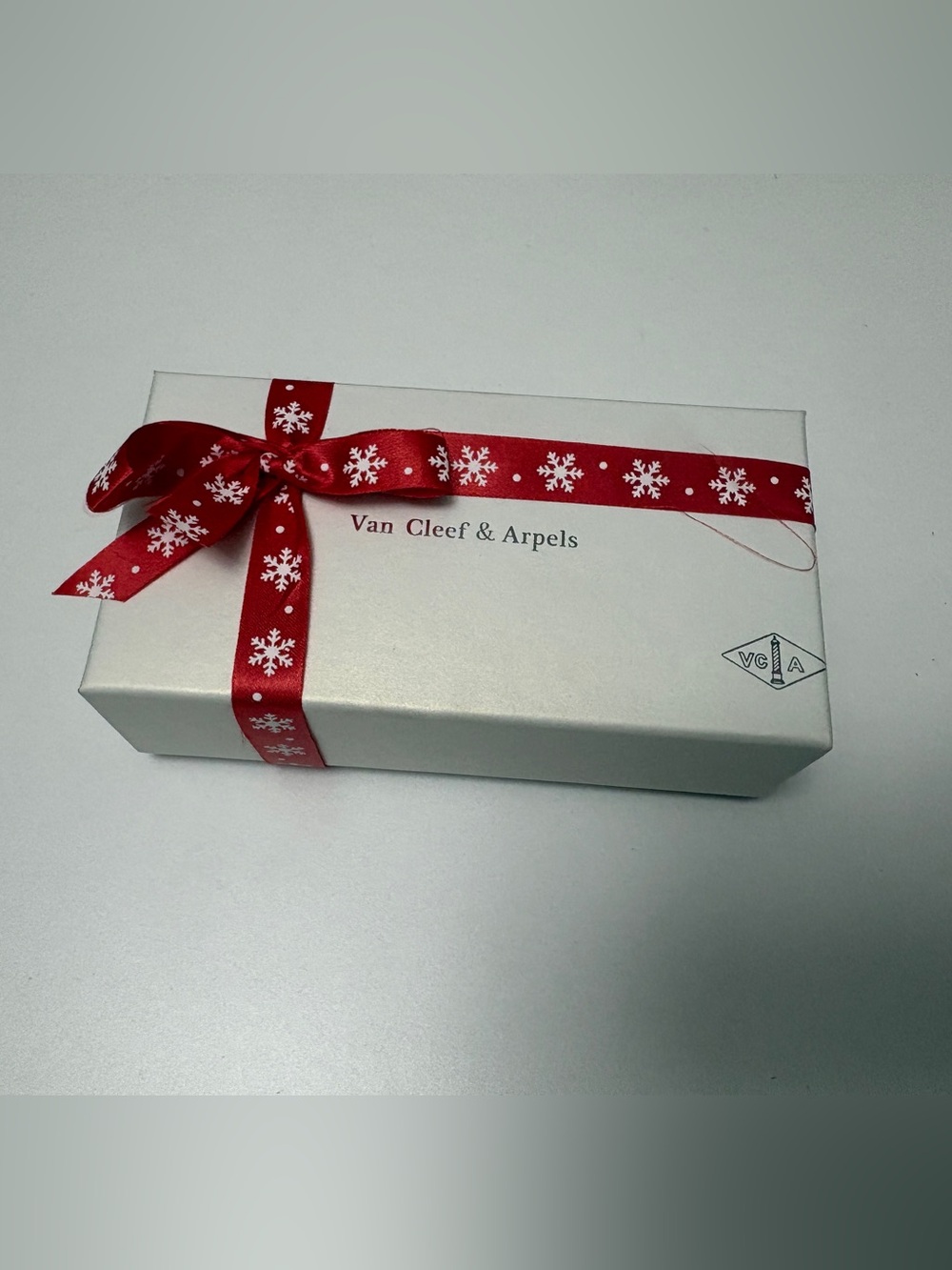 Van Cleef & Arpels White Box with Red Snowflake Ribbon and Jewelry Box